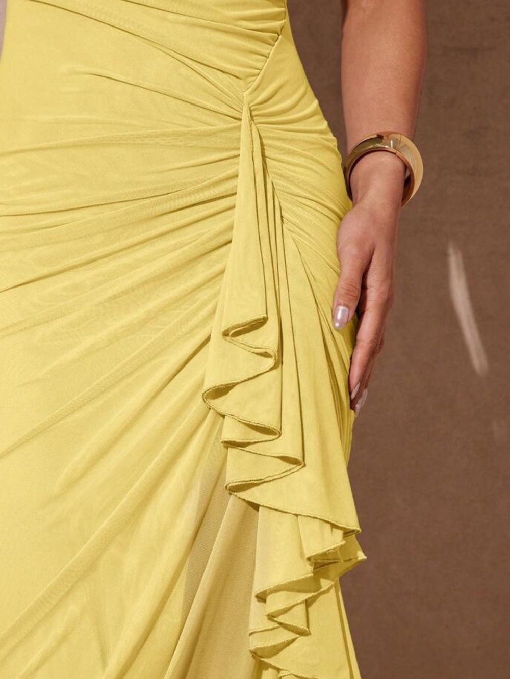 Yellow Ruched Sheath Dress with Side Ruffle - Picture 6 of 7
